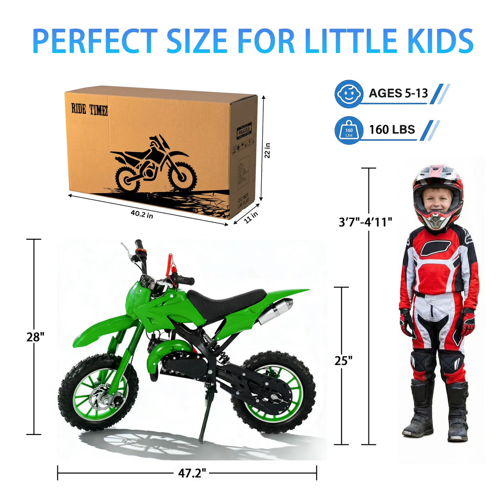 FONA 49cc Kids Dirt Bike 2-Stroke, 25MPH Mini Motorcycle for Ages 8–12, Dual Disc Brakes, Stable Suspension, Off-Road Tires, Soft Seat Green