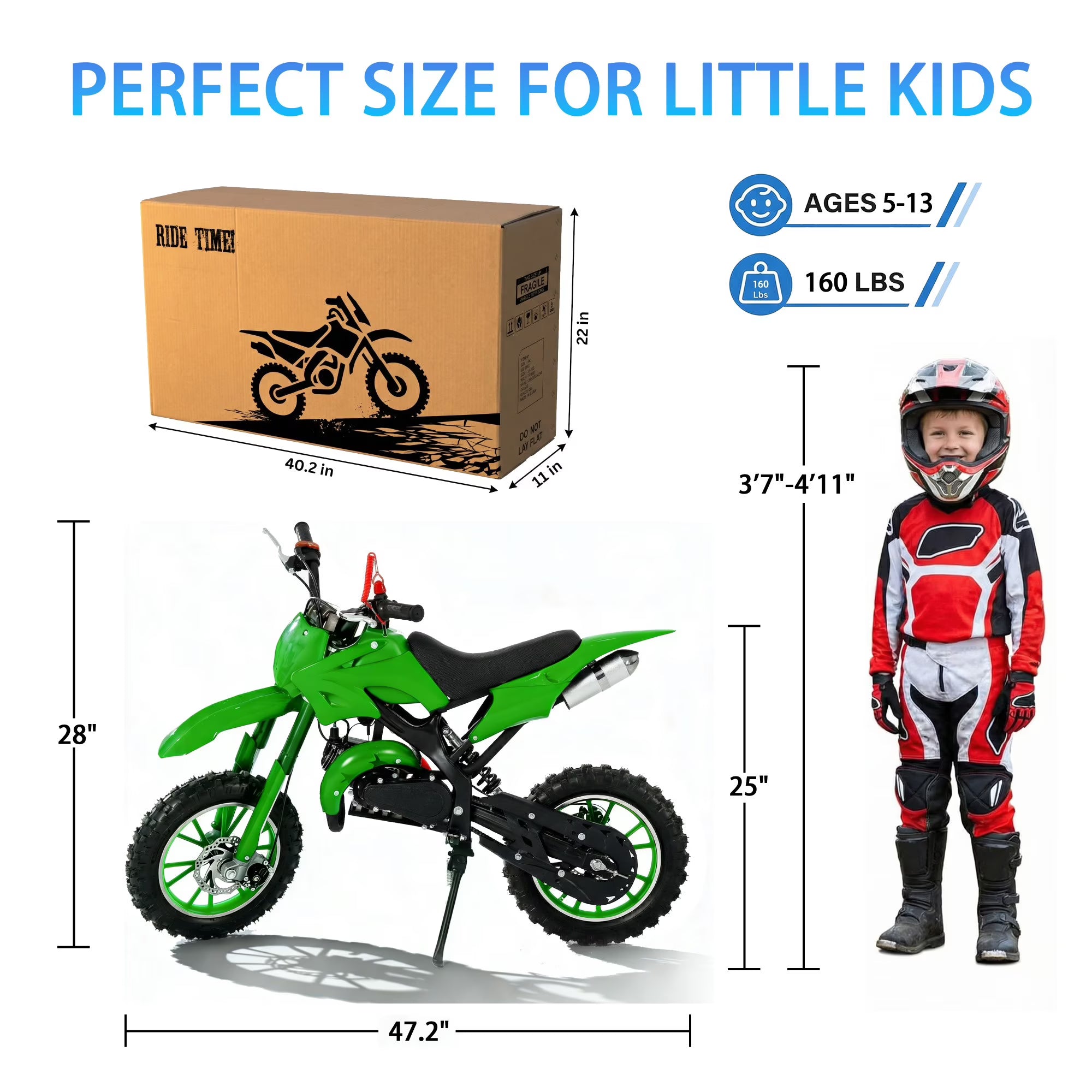FONA 49cc Kids Dirt Bike 2-Stroke, 25MPH Mini Motorcycle for Ages 8–12, Dual Disc Brakes, Stable Suspension, Off-Road Tires, Soft Seat Green