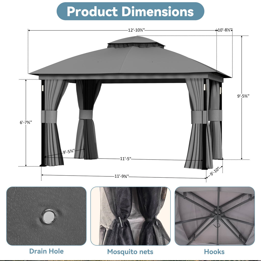 Big Leaf 11'x13' Gray Gazebo with LED Lights & Bluetooth Speaker, Metal Frame Double Roof, Netting & Curtains