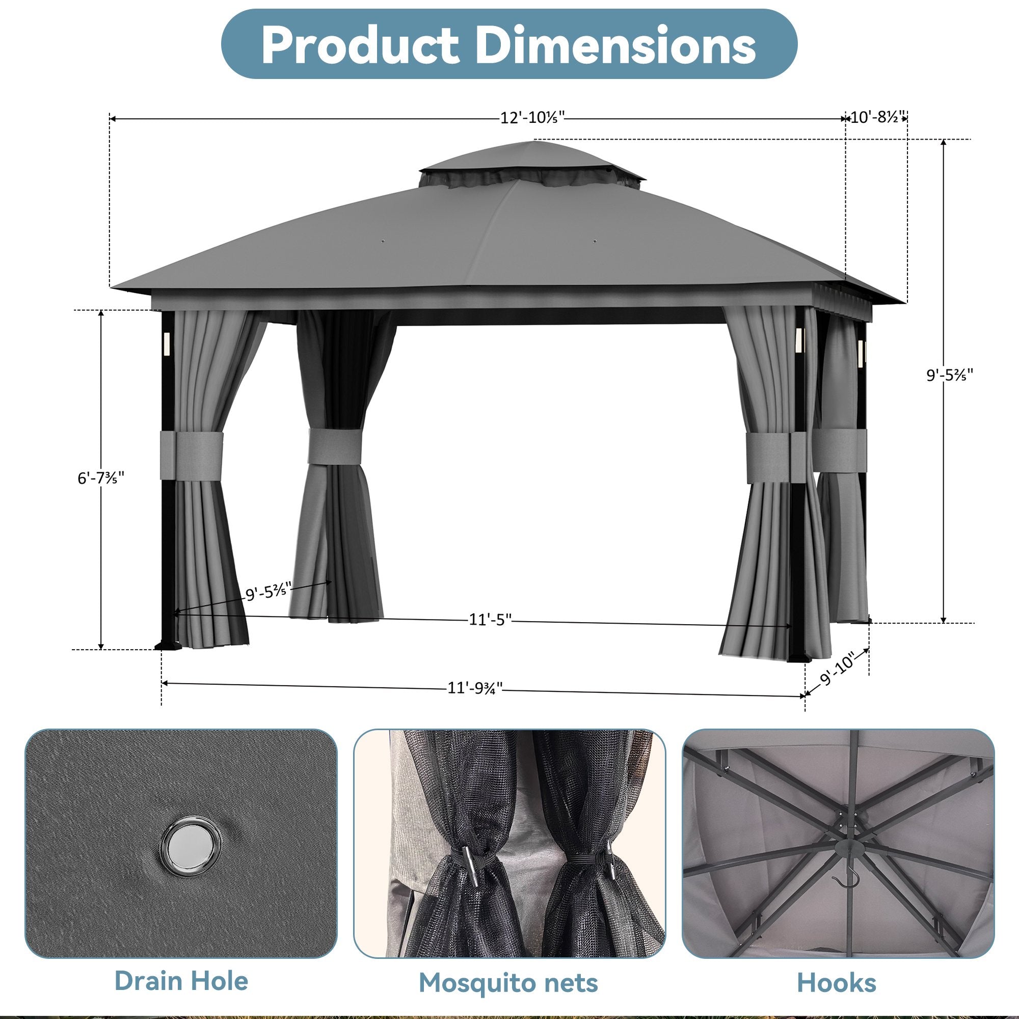 Big Leaf 11'x13' Gray Gazebo with LED Lights & Bluetooth Speaker, Metal Frame Double Roof, Netting & Curtains