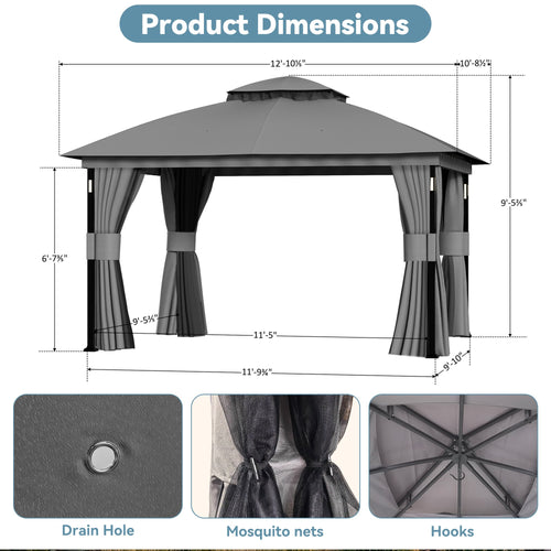Big Leaf 11'x13' Gray Gazebo with LED Lights & Bluetooth Speaker, Metal Frame Double Roof, Netting & Curtains