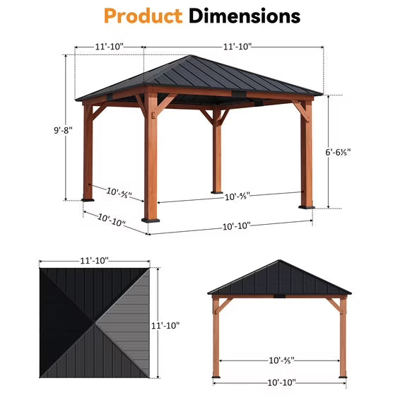 Modern Shade Tranquil Grove 12' x 12' Wood Gazebo - Polycarbonate Hip Roof Hardtop Pavilion with Hooks