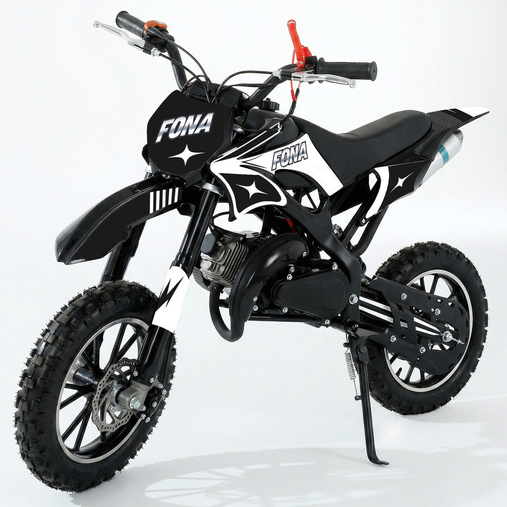 FONA 49cc 2-Stroke Dirt Bike for Kids 8-12, 25mph Mini Motorcycle with Dual Disc Brakes, Multi Terrain Tires, Suspension & Soft Seat Black