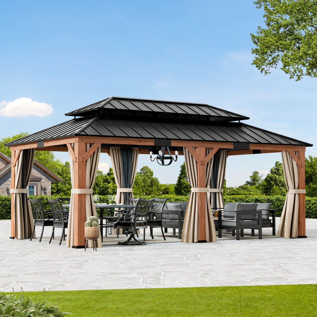 Modern Shade Rosewood 12'x20’Hardtop Gazebo,Cedar Framed Rosewood Pavilion with Double Galvanized Steel Roof,Permanent Patio Gazebo for Outdoor Brown