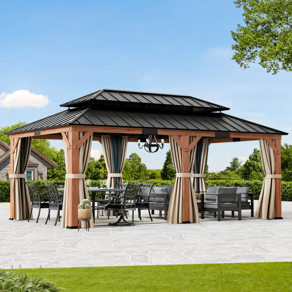 Modern Shade Rosewood 12'x20’Hardtop Gazebo,Cedar Framed Rosewood Pavilion with Double Galvanized Steel Roof,Permanent Patio Gazebo for Outdoor Brown
