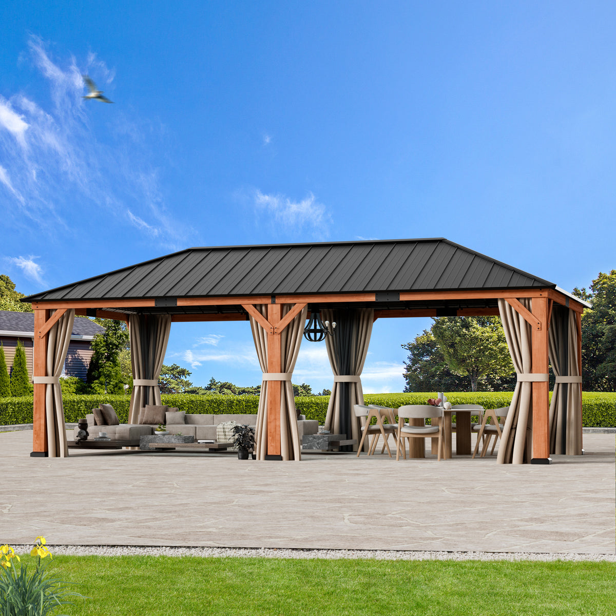 Modern Shade Tranquil Grove 12'x24’Hardtop Gazebo,Cedar Framed Pavilion with Galvanized Steel Roof,Permanent Patio Metal Gazebo for Outdoor Brown
