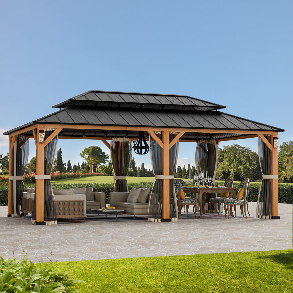 Modern Shade Hardtop Gazebo 12' x 20' with 4 LED Lights, Permanent Gazebo with Double Galvanized Steel Roof for Outdoor Backyard, Brown