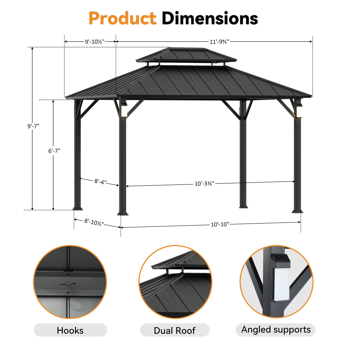 Modern Shade The Horizon 10' x 12' Hardtop Gazebo, 4 LED Lights, Galvanized Steel Double Roof, with Hooks & Mosquito Netting, Black
