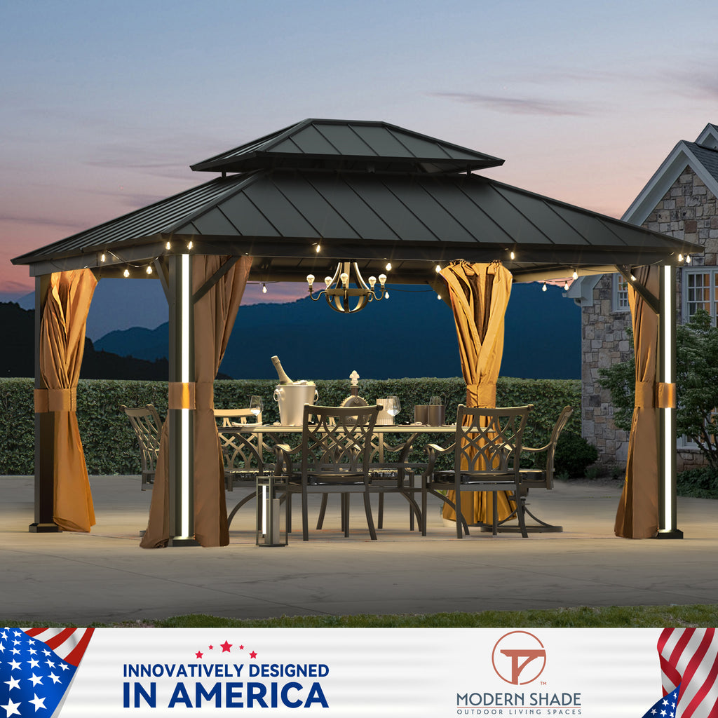 Modern Shade 12' x 14' Hardtop Gazebo with 4 LED Lights, Outdoor Gazebo with Double Galvanized Steel Roof, USB Charging Port Black