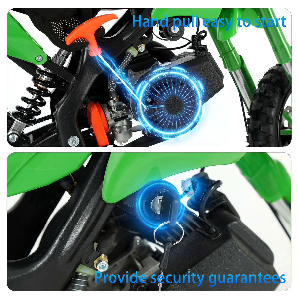 FONA 49cc 2-Stroke Dirt Bike for Kids 8-12, 25mph Mini Motorcycle with Dual Disc Brakes, Multi Terrain Tires, Suspension & Soft Seat Green
