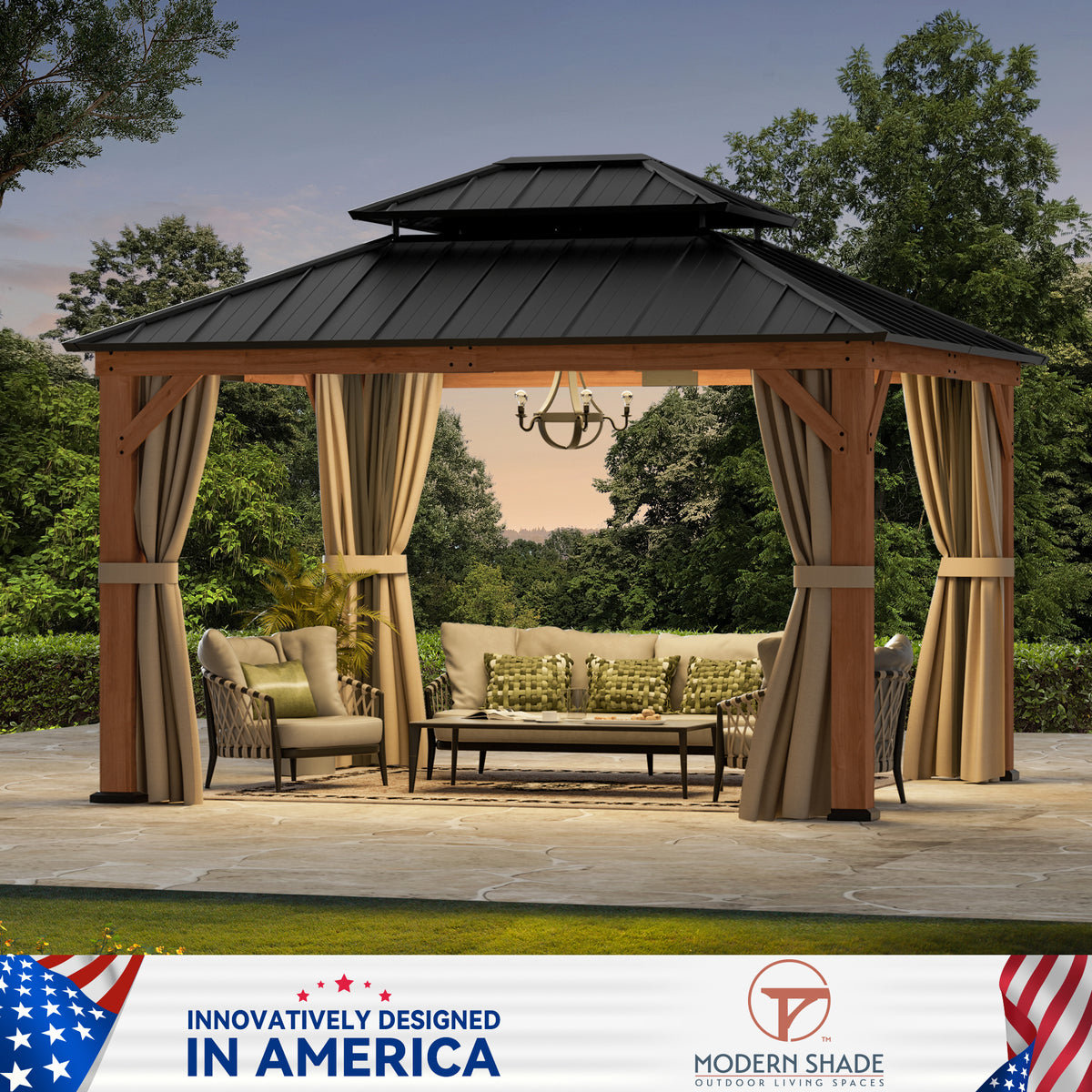 Modern Shade 10'x12' Rosewood Wood Gazebo Cedar Framed Double Steel Roof for Garden Backyard