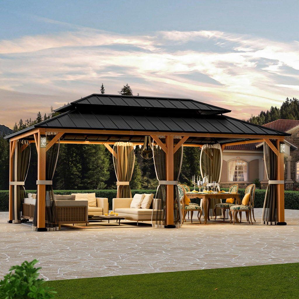 Modern Shade Hardtop Gazebo 12' x 20' with 4 LED Lights, Permanent Gazebo with Double Galvanized Steel Roof for Outdoor Backyard, Brown