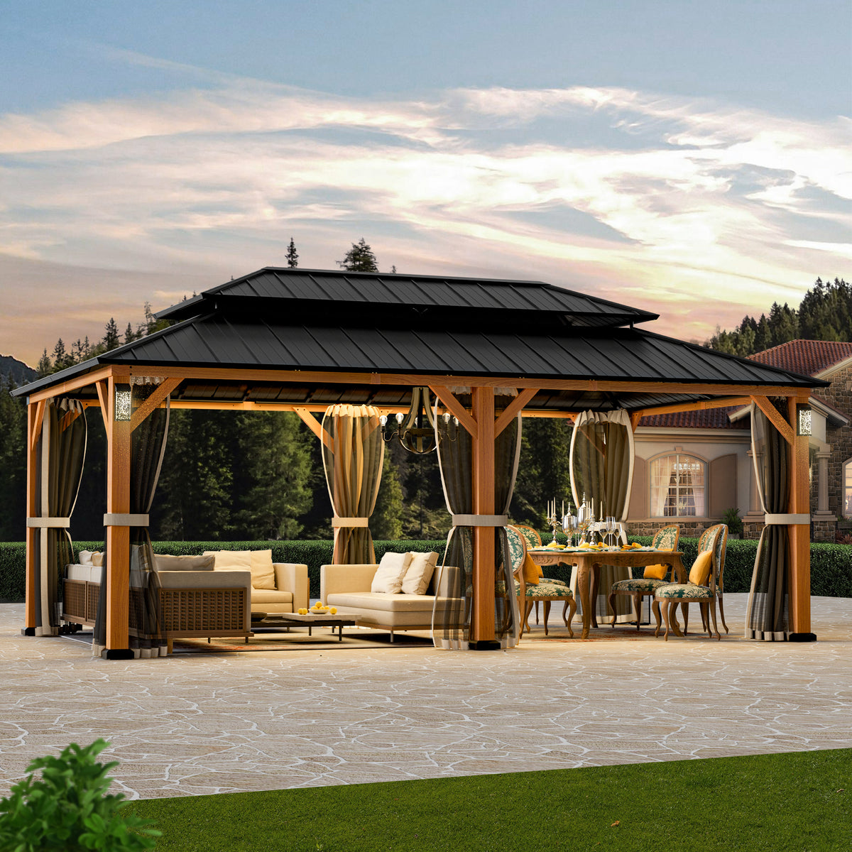 Modern Shade Hardtop Gazebo 12' x 20' with 4 LED Lights, Permanent Gazebo with Double Galvanized Steel Roof for Outdoor Backyard, Brown