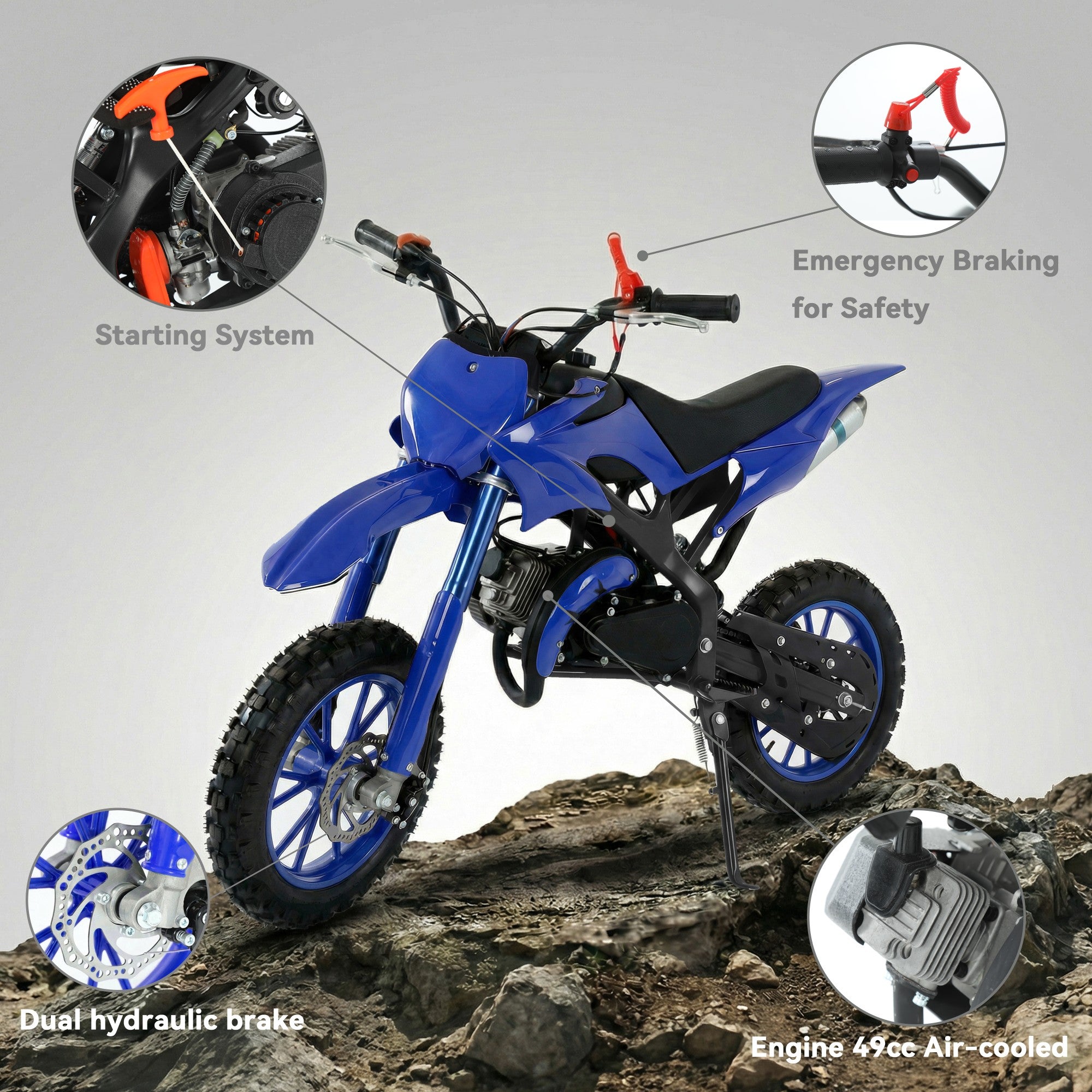 FONA 49cc 2-Stroke Dirt Bike for Kids 8-12, 25mph Mini Motorcycle with Dual Disc Brakes, Multi Terrain Tires, Suspension & Soft Seat Blue