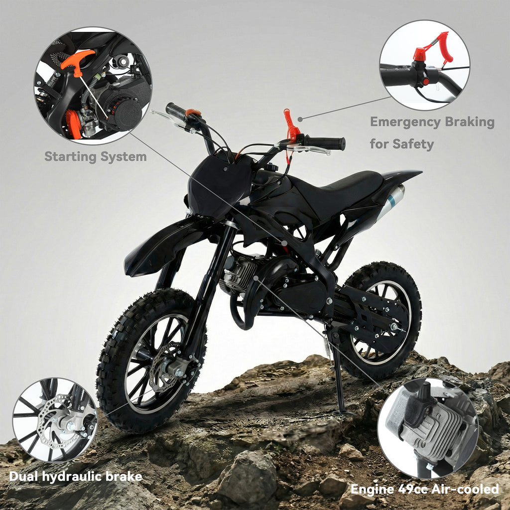 FONA 49cc 2-Stroke Dirt Bike for Kids 8-12, 25mph Mini Motorcycle with Dual Disc Brakes, Multi Terrain Tires, Suspension & Soft Seat Black