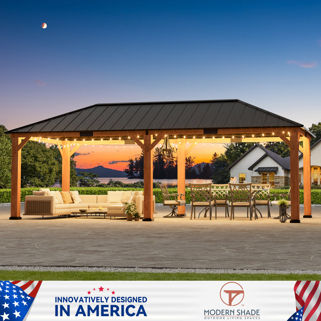 Modern Shade Tranquil Grove 12'x24’Hardtop Gazebo,Cedar Framed Pavilion with Galvanized Steel Roof,Permanent Patio Metal Gazebo for Outdoor Brown
