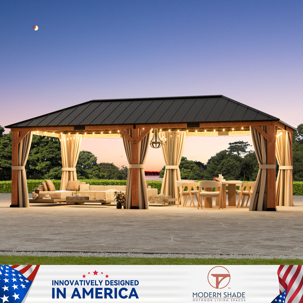 Modern Shade Tranquil Grove 12'x24’Hardtop Gazebo,Cedar Framed Pavilion with Galvanized Steel Roof,Permanent Patio Metal Gazebo for Outdoor Brown