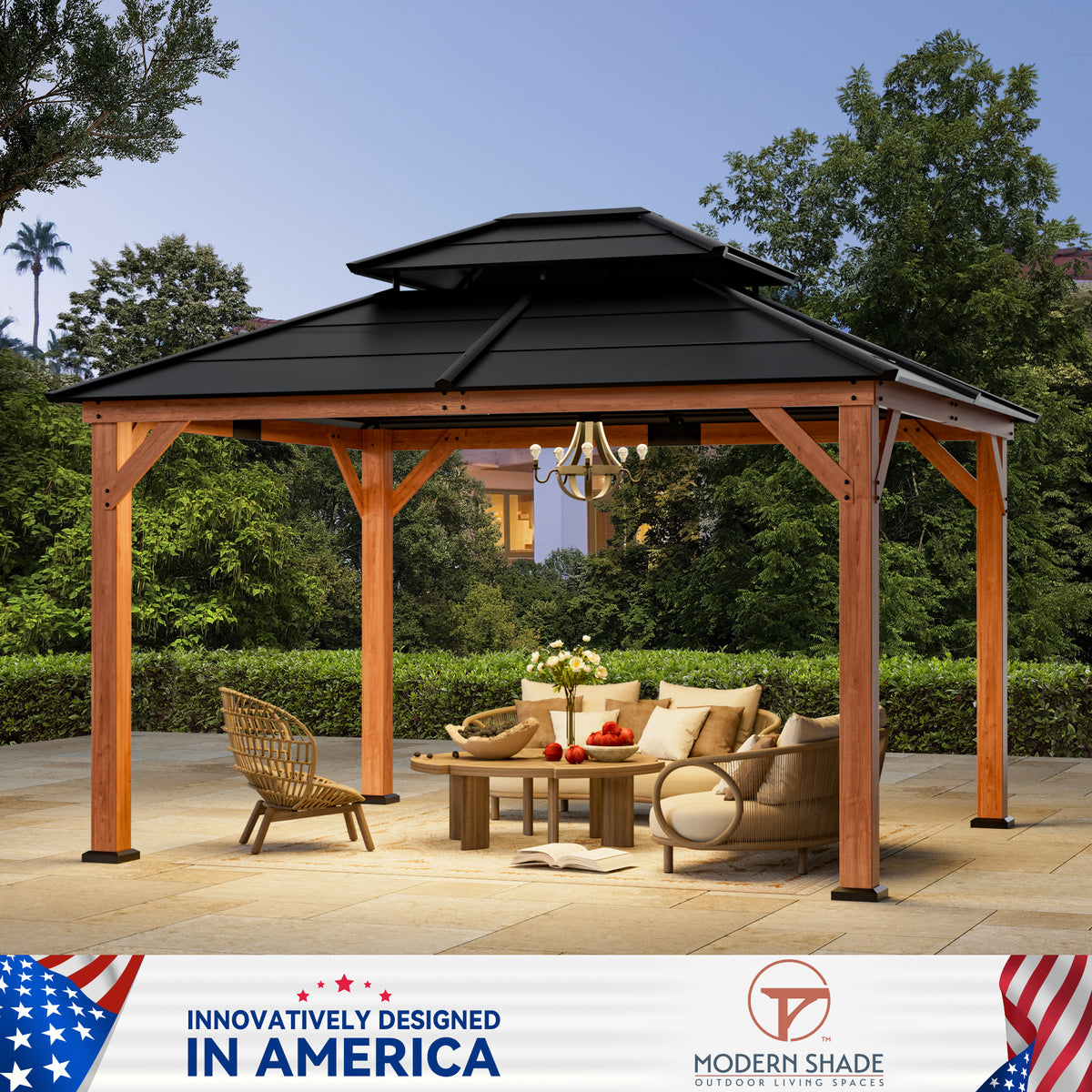 Modern Shade 11'x13' Wood Gazebo FSC-Certified Cedar Double Galvanized Steel Roof for Garden Backyard