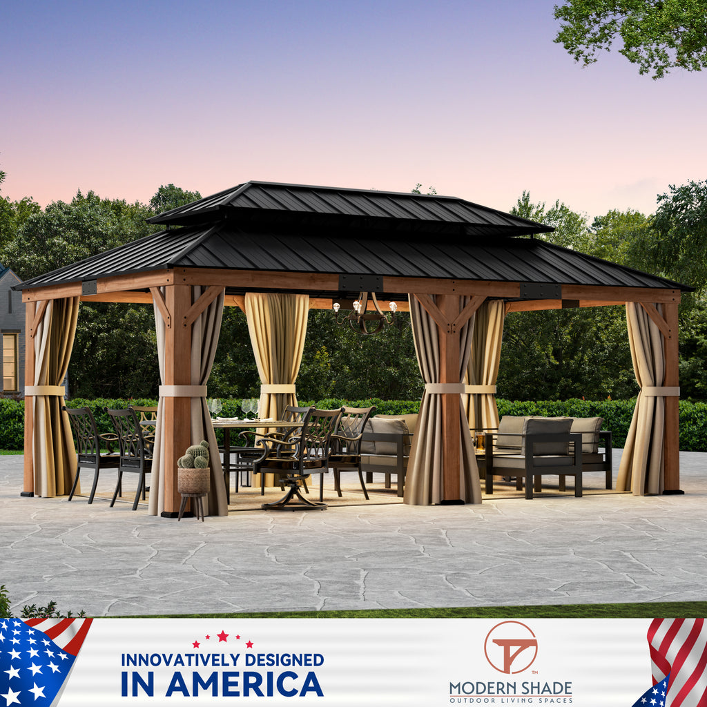 Modern Shade Rosewood 12'x20’Hardtop Gazebo,Cedar Framed Rosewood Pavilion with Double Galvanized Steel Roof,Permanent Patio Gazebo for Outdoor Brown