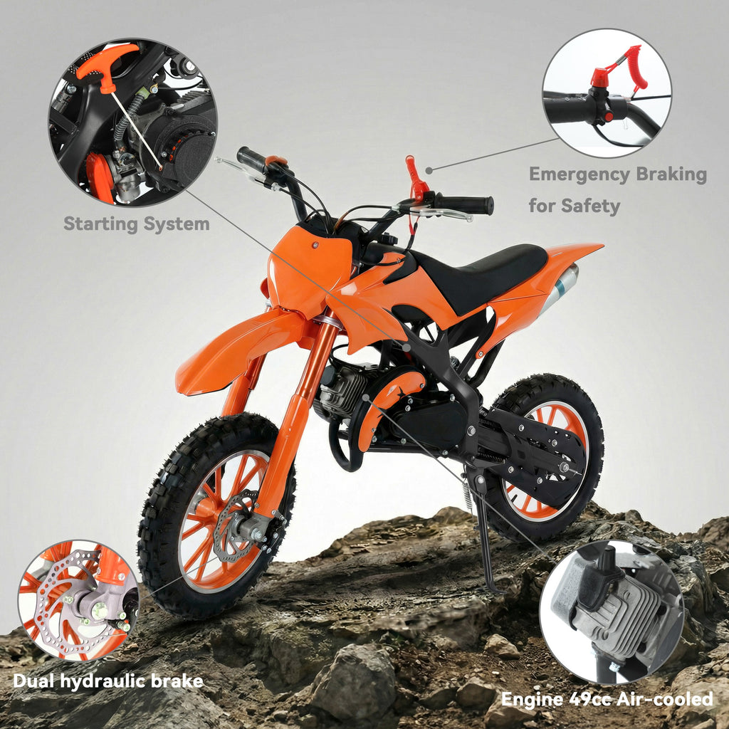 FONA 49cc 2-Stroke Dirt Bike for Kids 8-12, 25mph Mini Motorcycle with Dual Disc Brakes, Multi Terrain Tires, Suspension & Soft Seat Orange