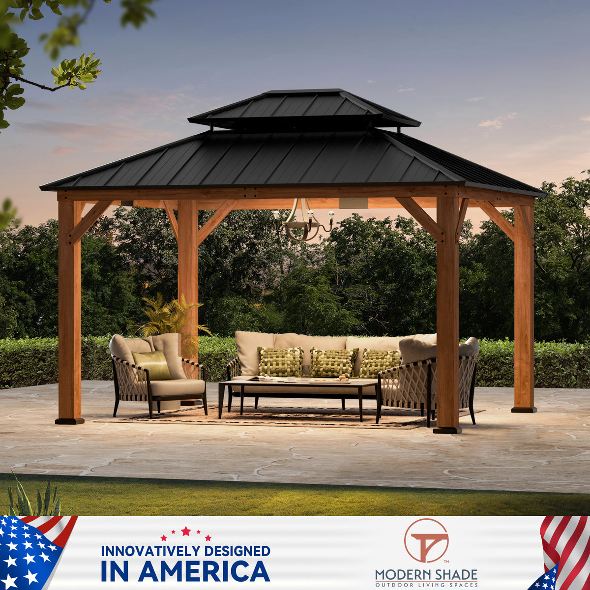 Modern Shade 10'x12' Gazebo Cedar Wood Frame Double Galvanized Steel Roof Hurricane-Proof for Patio Outdoor Brown