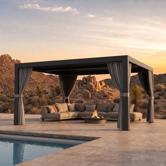 Modern Shade 12'x14' Black Louvered Pergola, Adjustable Waterproof Roof with Drainage, USB Strip, Curtains & Net, Reinforced Frame, Easy Assembly