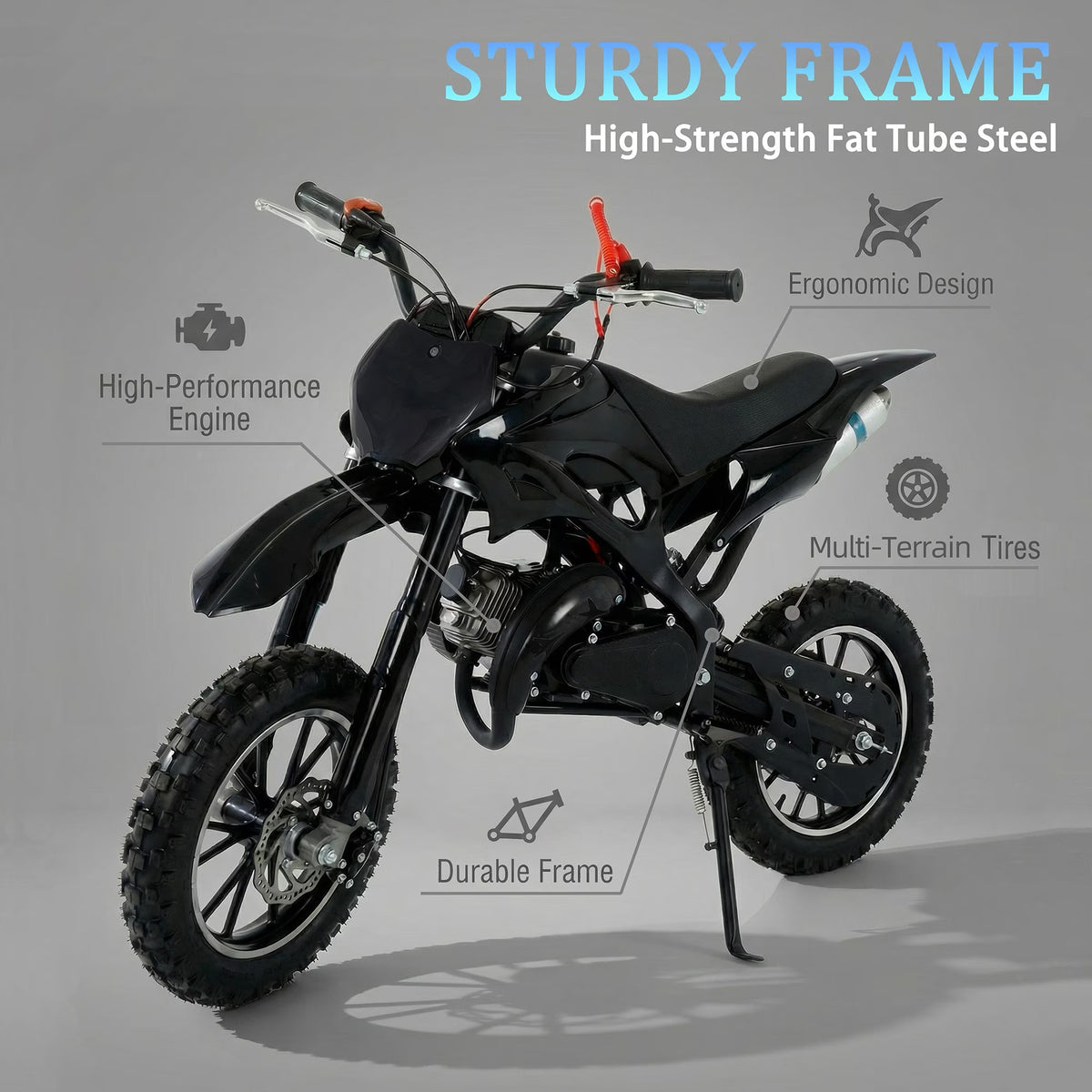 FONA 49cc 2-Stroke Dirt Bike for Kids 8-12, 25mph Mini Motorcycle with Dual Disc Brakes, Multi Terrain Tires, Suspension & Soft Seat Black