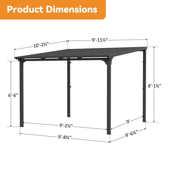 StoneCreek 10'x10' Wall Mounted Gazebo, Galvanized Steel Sloped Roof with Drainage Gutter, Outdoor Lean to Pergola for Patio