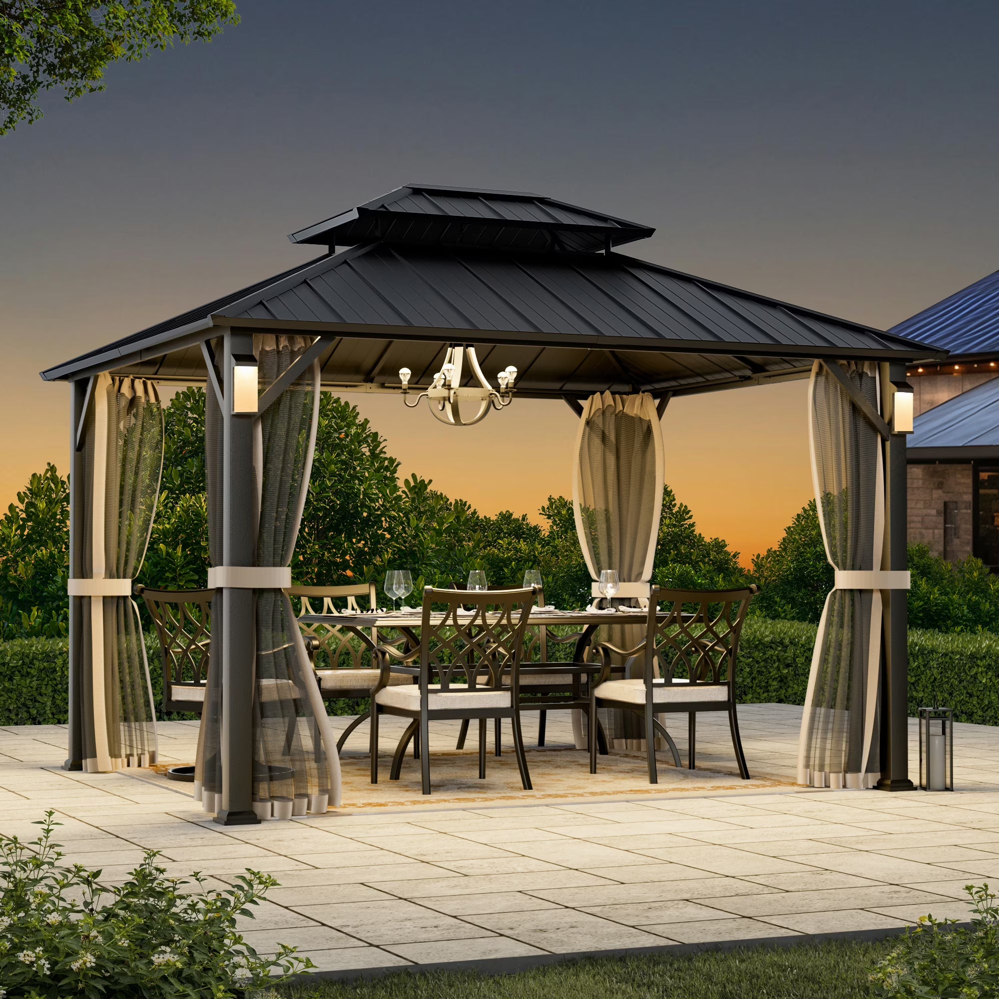 Modern Shade The Horizon 10' x 12' Hardtop Gazebo, 4 LED Lights, Galvanized Steel Double Roof, with Hooks & Mosquito Netting, Black
