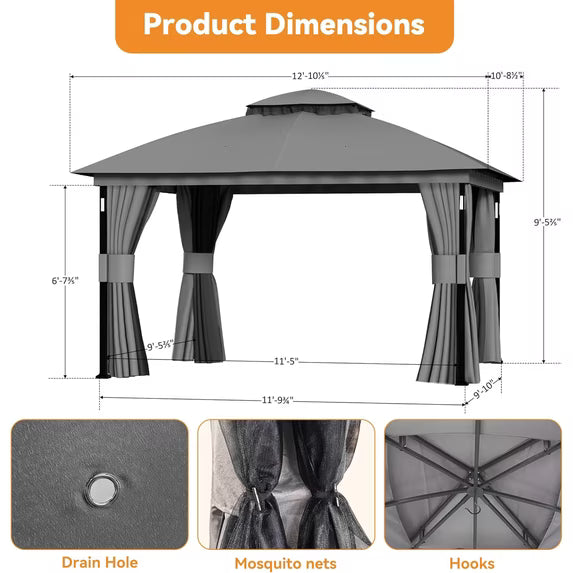 Covered Outdoor 11' x 13' Patio Gazebo, LED Lights & Bluetooth Speaker, Heavy Duty Metal Frame Double Roof Soft Top Canopy with Netting & Curtains, Gray Outdoor Shelter for Backyard Garden