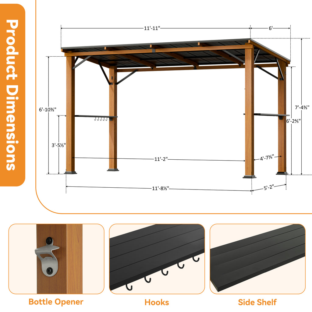 Grill Gazebo 6'x12' Hardtop with Side Shelf, Bottle Opener & Hooks, Wood-Looking Rustproof Outdoor Canopy for Backyard Patio Garden