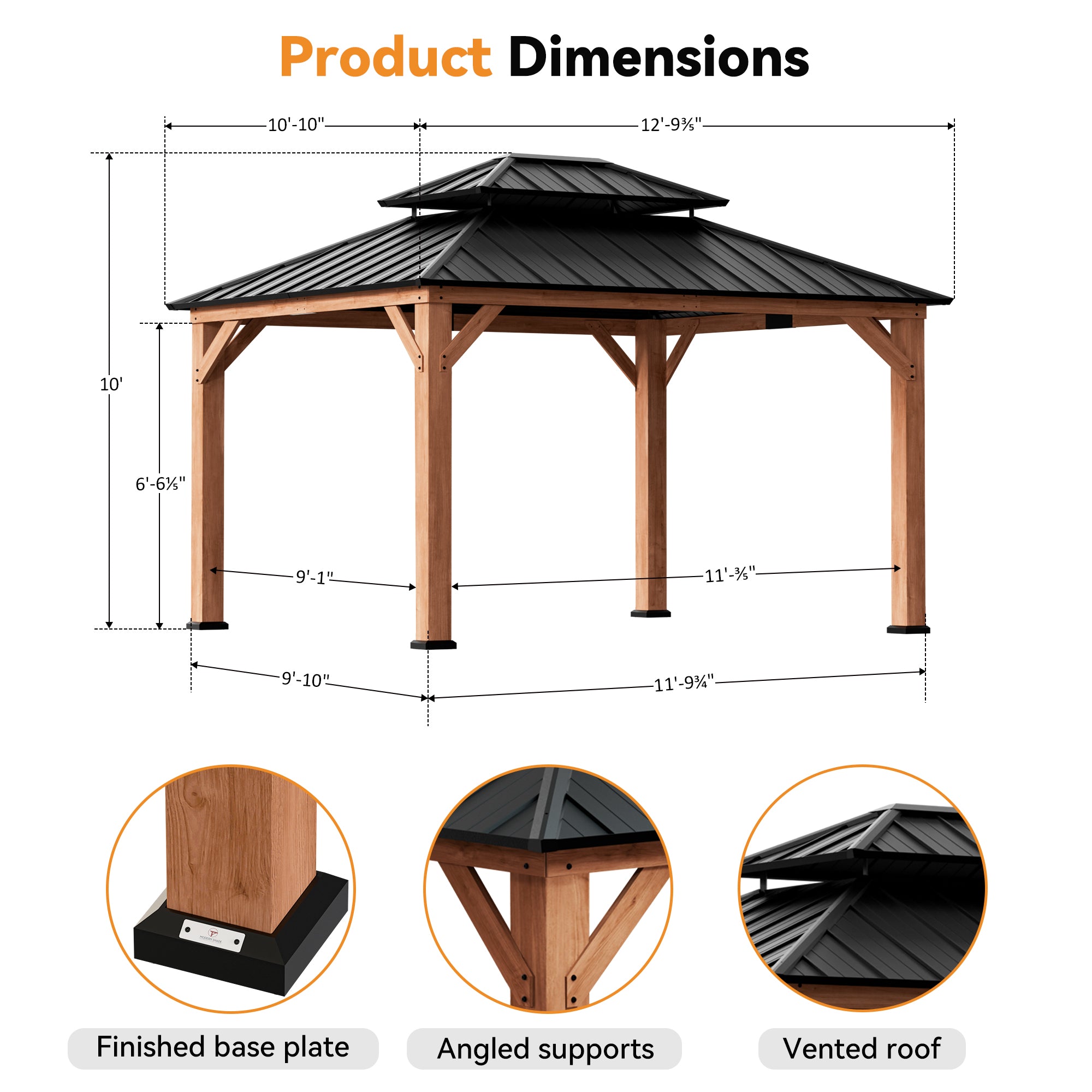 Modern Shade Rosewood 11'x13’ Hardtop Gazebo, Cedar Framed Rosewood Pavilion with Double Galvanized Steel Roof, Permanent Patio Gazebo for Outdoor Brown