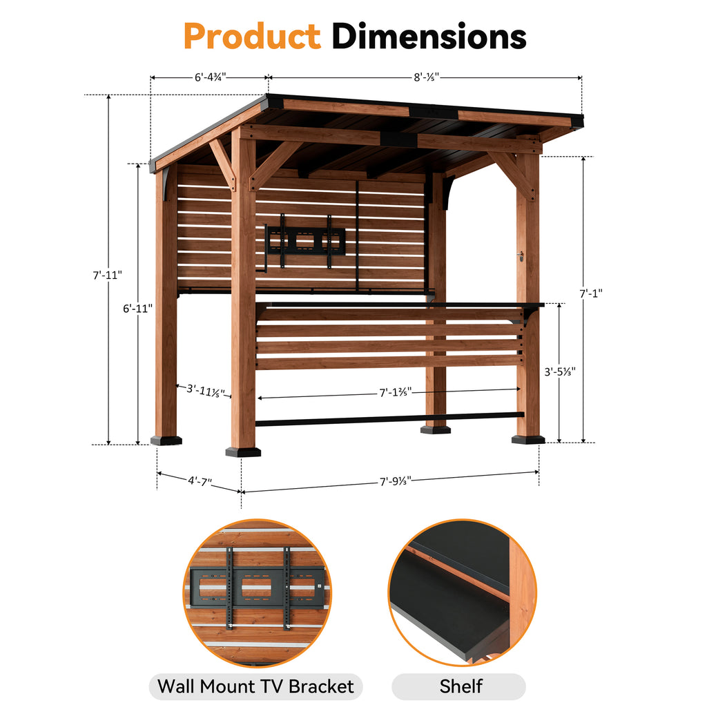Modern Shade Cedar Wood Bar Center Gazebo with Steel Roof, Shelves, TV Mount & Power Strip for Patio or Garden