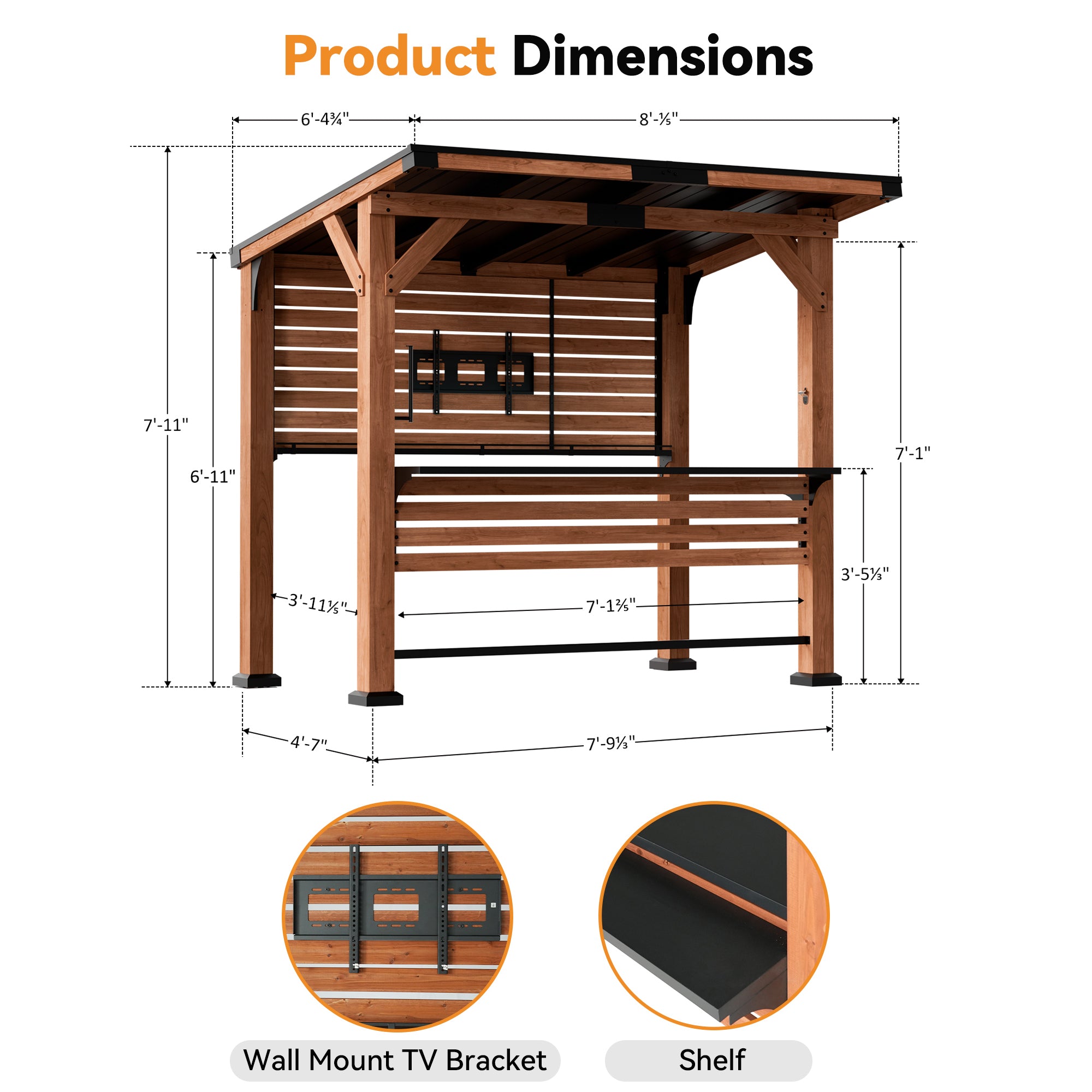 Modern Shade Cedar Wood Bar Center Gazebo with Steel Roof, Shelves, TV Mount & Power Strip for Patio or Garden
