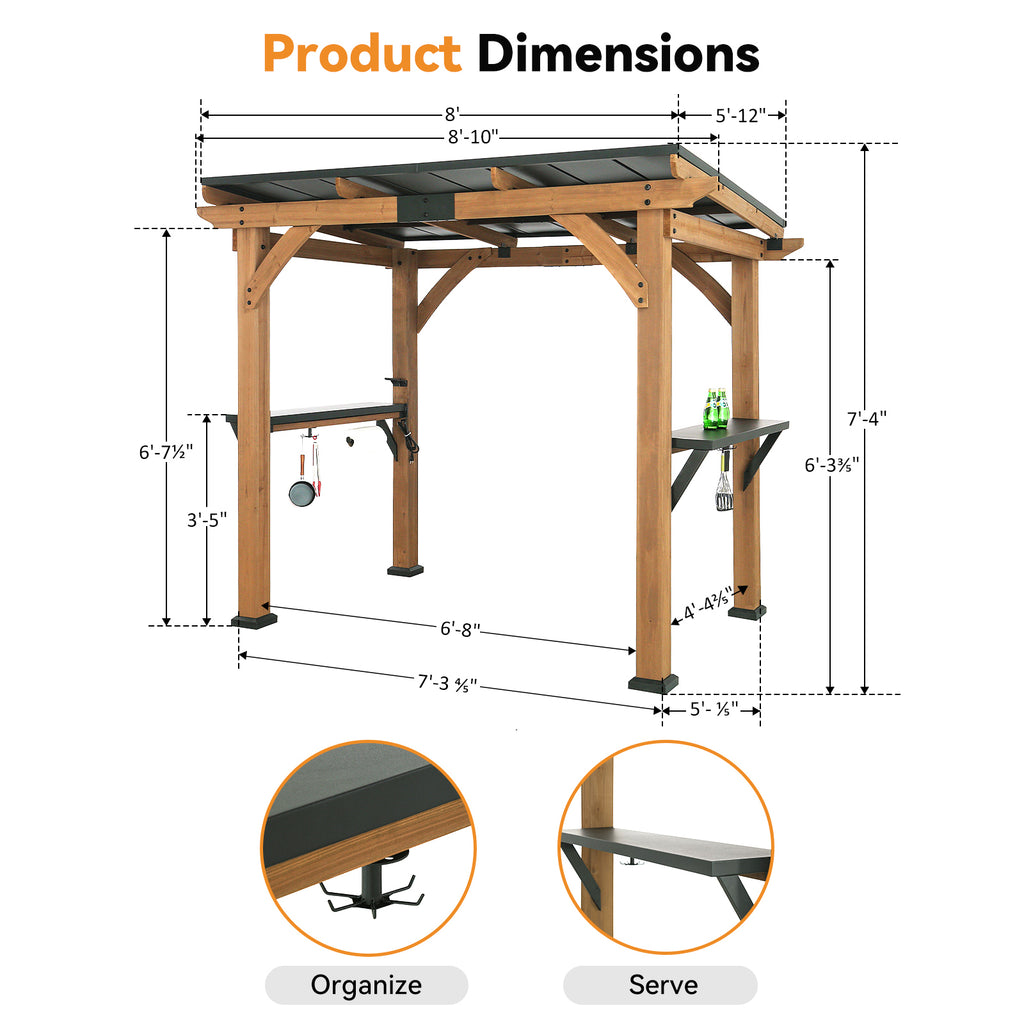 Modern Cedar Wood Grill Gazebo with Steel Roof & Shelving, 6' x 8', Patio BBQ Gazebo with USB Charging Ports