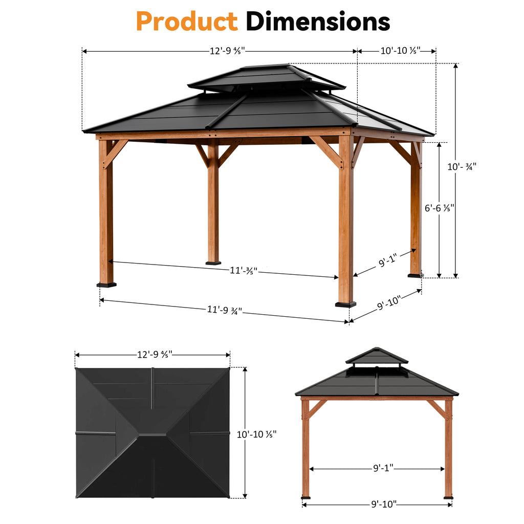 Modern Shade 11'x13' Wood Gazebo FSC-Certified Cedar Double Galvanized Steel Roof for Garden Backyard