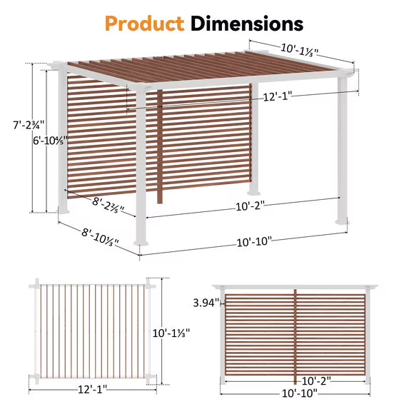 Modern Shade Open Sky 10'x12'Pergola Cabana, White Privacy Curtains & Wood-Grain Wall, Heavy-Duty Metal Gazebo for Patio & Poolside