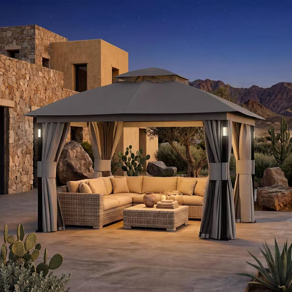 Covered Outdoor 10'x12' Gray Gazebo with LED Lights & Bluetooth Speaker, Metal Frame Double Roof, Netting & Curtains