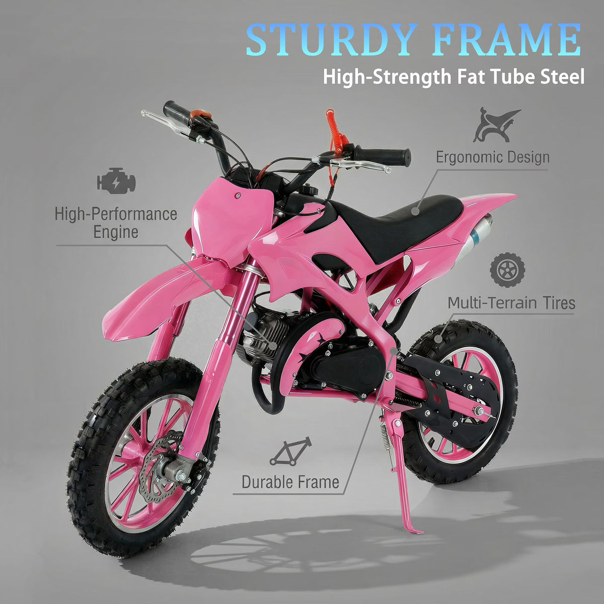 FONA 49cc 2-Stroke Dirt Bike for Kids 8-12, 25mph Mini Motorcycle with Dual Disc Brakes, Multi Terrain Tires, Suspension & Soft Seat Pink