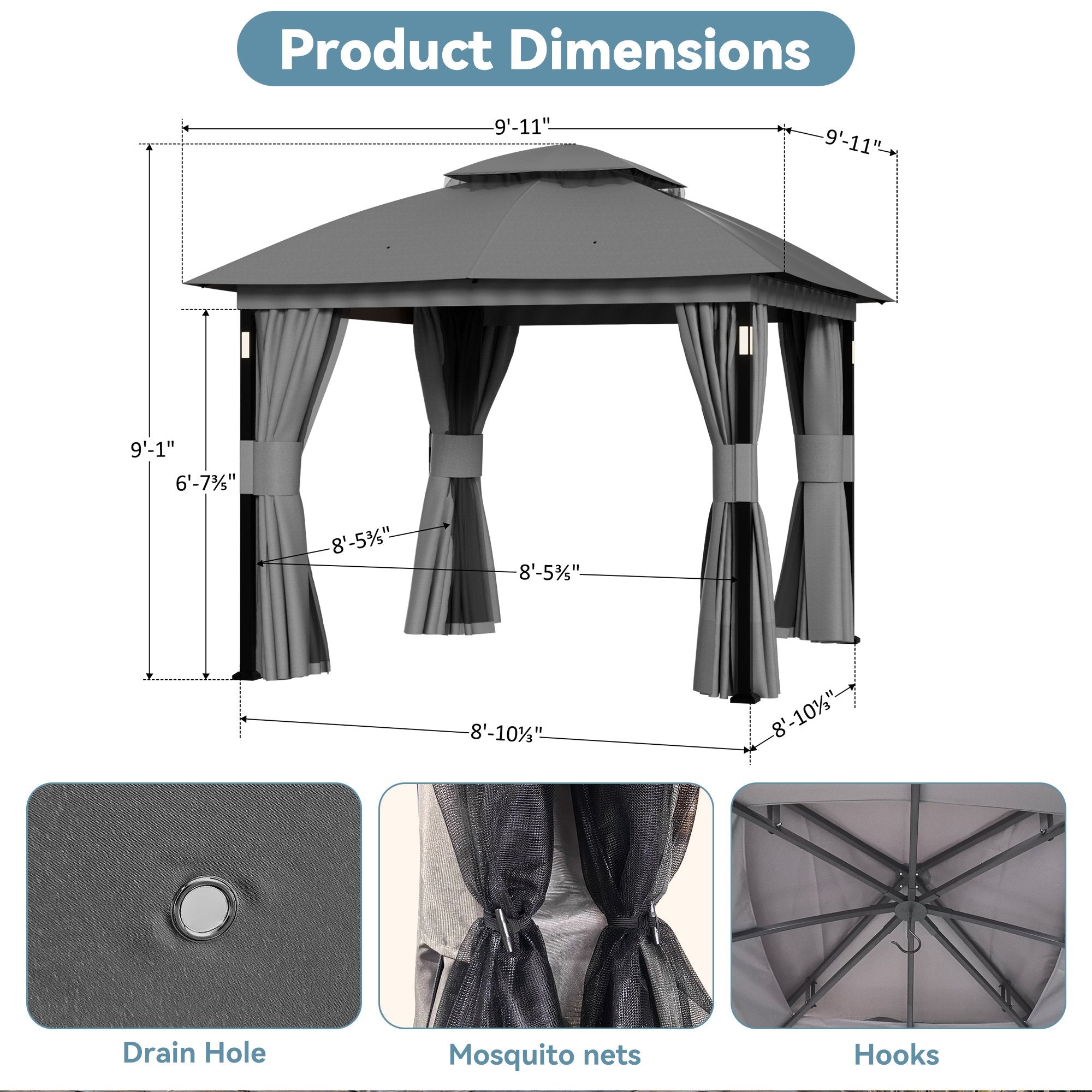Big Leaf 10x10 Gray Gazebo Double Roof Heavy Duty Metal Frame with LED Lights Bluetooth Speaker Netting and Curtains
