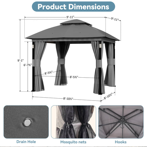 Big Leaf 10x10 Gray Gazebo Double Roof Heavy Duty Metal Frame with LED Lights Bluetooth Speaker Netting and Curtains