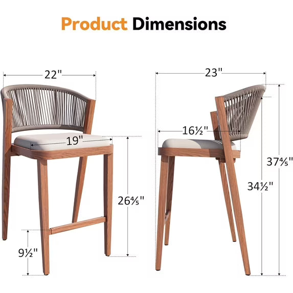 Modern Shade Outdoor Counter Height Bar Stool, Rope Backrest & Wood Grain Aluminum Frame
