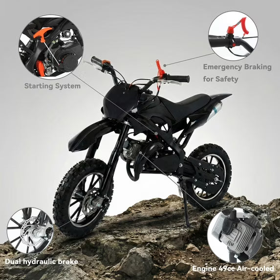 FONA 49cc 2-Stroke Dirt Bike for Kids 8-12, 25mph Mini Motorcycle with Dual Disc Brakes, Multi terrain tires Tires, Suspension & Soft Seat Black