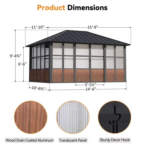 Modern Shade 12'x16' Hardtop Sunroom Gazebo, Aluminum Frame, Galvanized Steel Roof, TV Mount, Sliding Doors, Wood Grain Finish, All-Weather Screen House for Patio