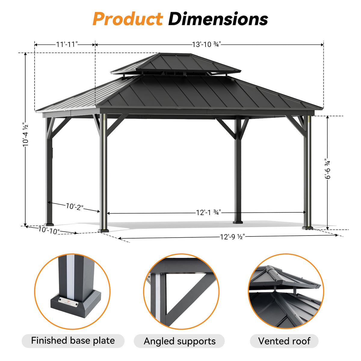 Modern Shade 12' x 14' Hardtop Gazebo with 4 LED Lights, Outdoor Gazebo with Double Galvanized Steel Roof, USB Charging Port Black