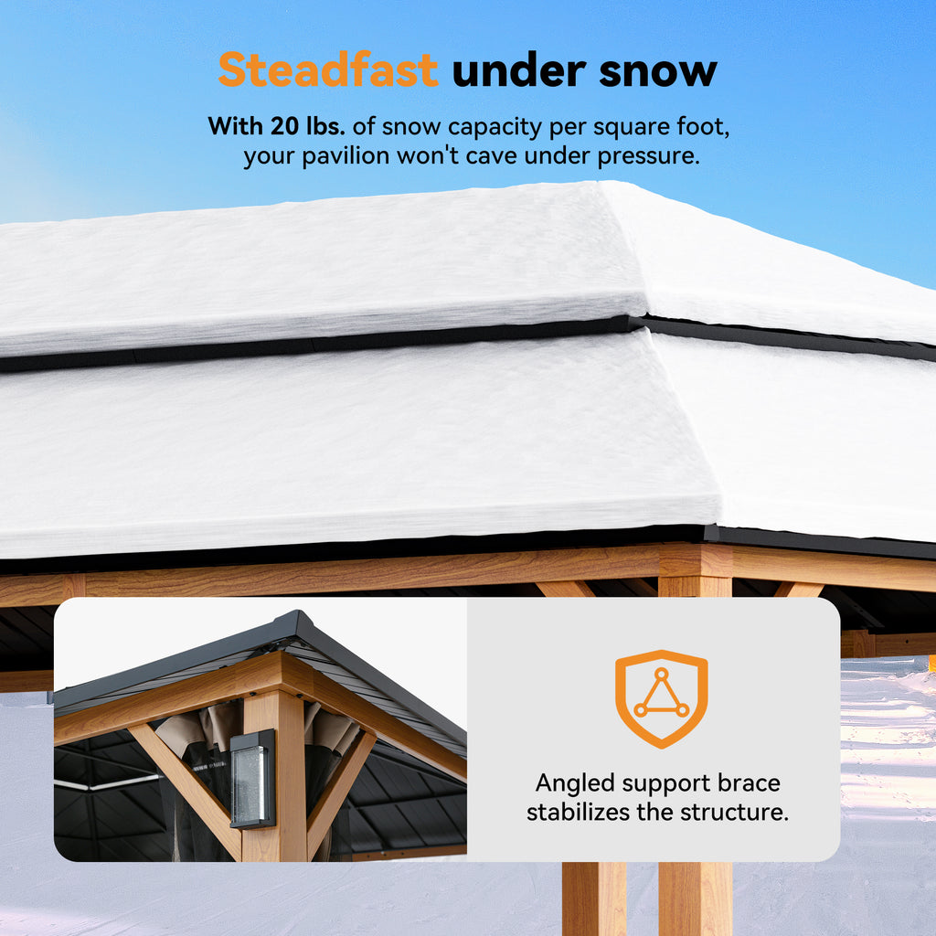 Modern Shade Hardtop Gazebo 12' x 20' with 4 LED Lights, Permanent Gazebo with Double Galvanized Steel Roof for Outdoor Backyard, Brown