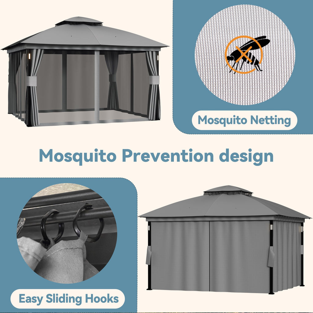 Big Leaf 11'x13' Gray Gazebo with LED Lights & Bluetooth Speaker, Metal Frame Double Roof, Netting & Curtains