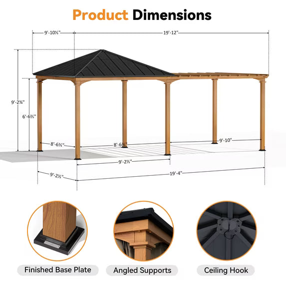 Modern Shade Sunrise Coast 10'x20' Hybrid Pergola Gazebo, Wood-Look Hardtop Pavilion with Adjustable Shade Fabric & Privacy Curtains, Outdoor Patio Hot Tub Shelter