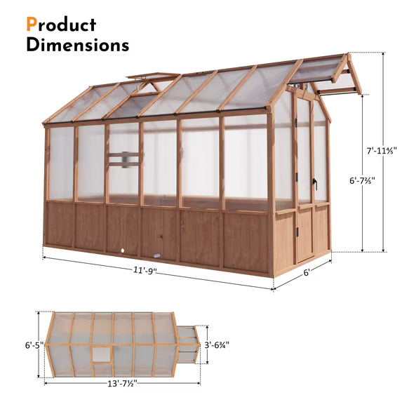 Modern Shade EverBloom 6.5'x12' Cedar Wood Greenhouse, 8' Extra-Tall with Built-in Faucet Kit, Shelving, Power Strip & Ventilation System