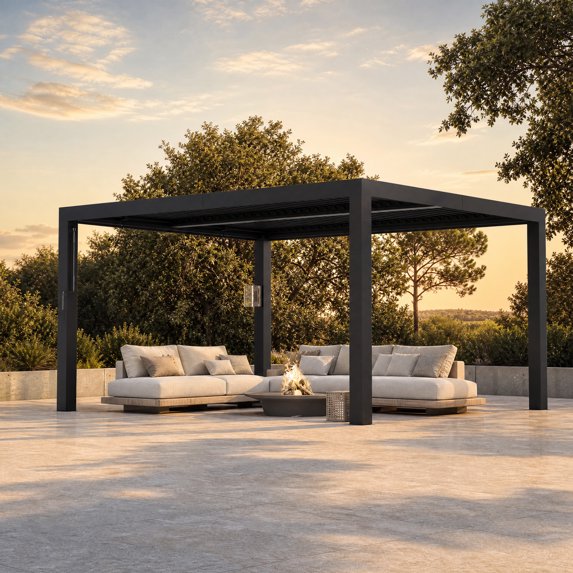 Modern Shade 12'x14' Black Louvered Pergola, Adjustable Waterproof Roof with Drainage, USB Power Strip, Reinforced Frame, Easy Assembly for Patio & Backyard